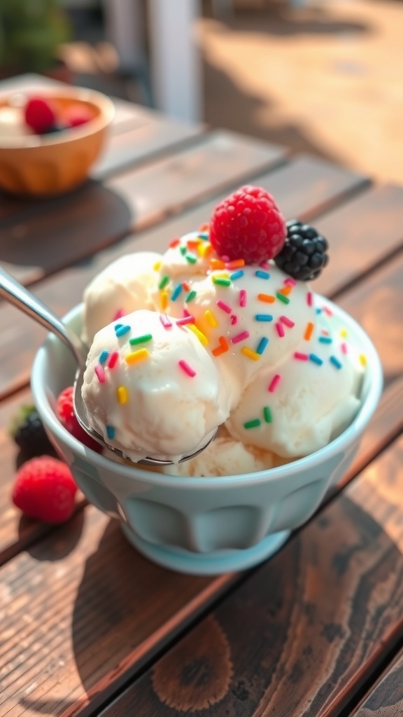 A bowl of homemade vanilla ice cream with sprinkles and berries, set on a wooden table.